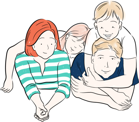 Illustration of 4 family members embracing one another