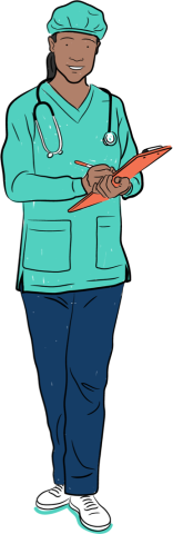 Illustrated female nurse standing with clipboard