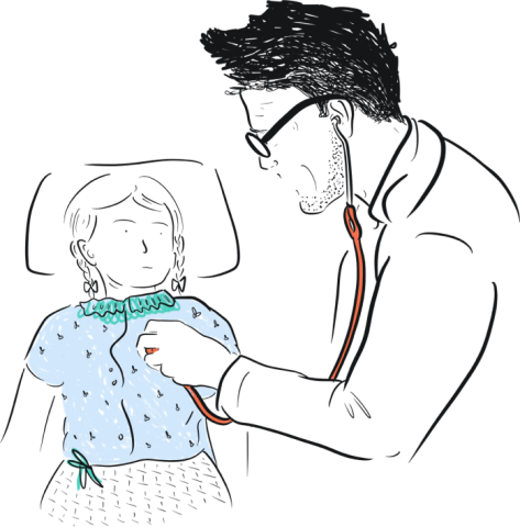 Illustration of doctor checking heartbeat of a little girl with a stethoscope